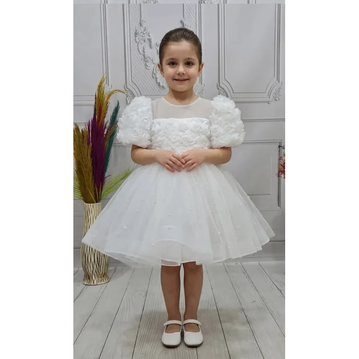 Kız Çocuk Beyaz Güllü incili Etek Detaylı Abiye Elbise