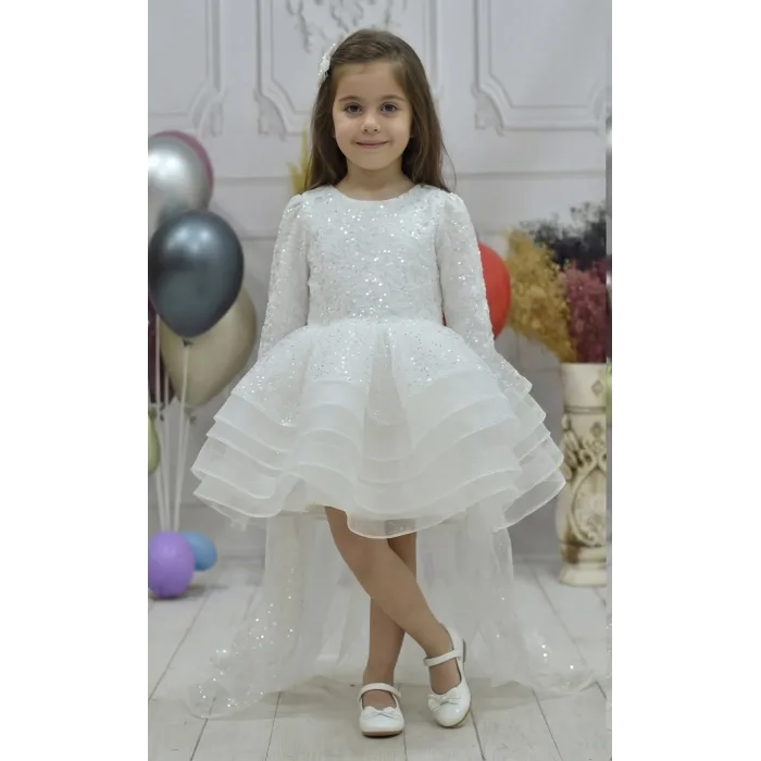 Kız Çocuk Beyaz Boncuklu Payetli Kuyruklu Kabarık Elbise