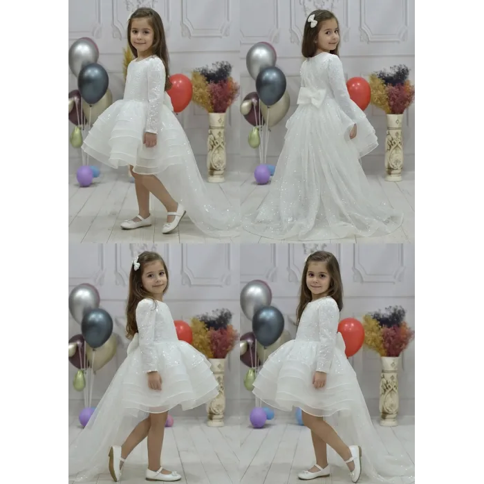 Kız Çocuk Beyaz Boncuklu Payetli Kuyruklu Kabarık Elbise