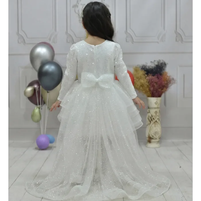 Kız Çocuk Beyaz Boncuklu Payetli Kuyruklu Kabarık Elbise