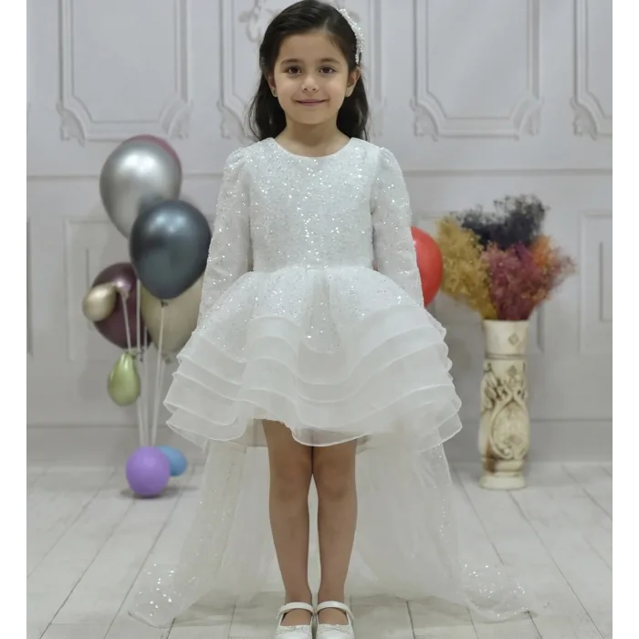 Kız Çocuk Beyaz Boncuklu Payetli Kuyruklu Kabarık Elbise