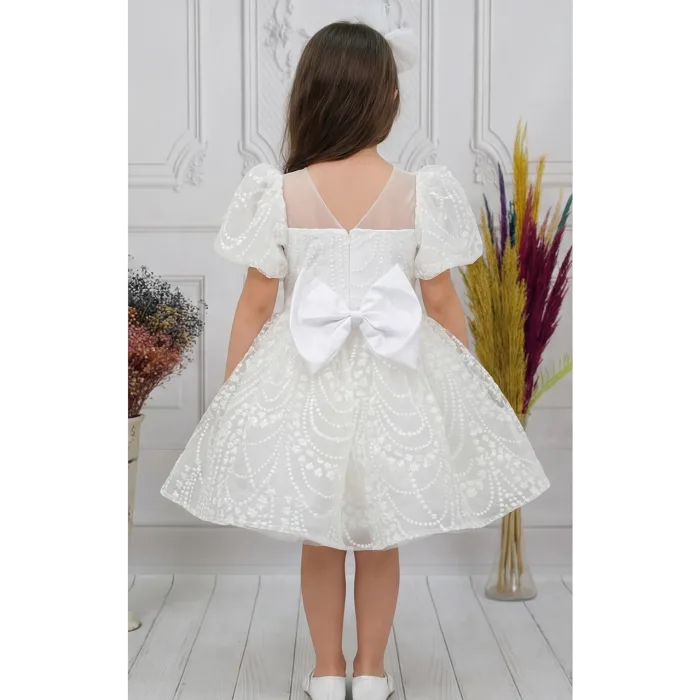 Kız Çocuk Beyaz Desenli Kabarık Elbise