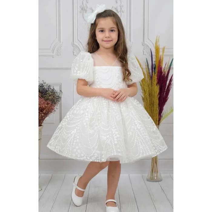 Kız Çocuk Beyaz Desenli Kabarık Elbise