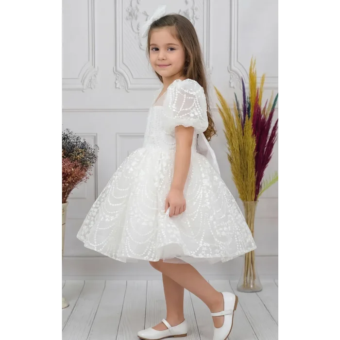 Kız Çocuk Beyaz Desenli Kabarık Elbise