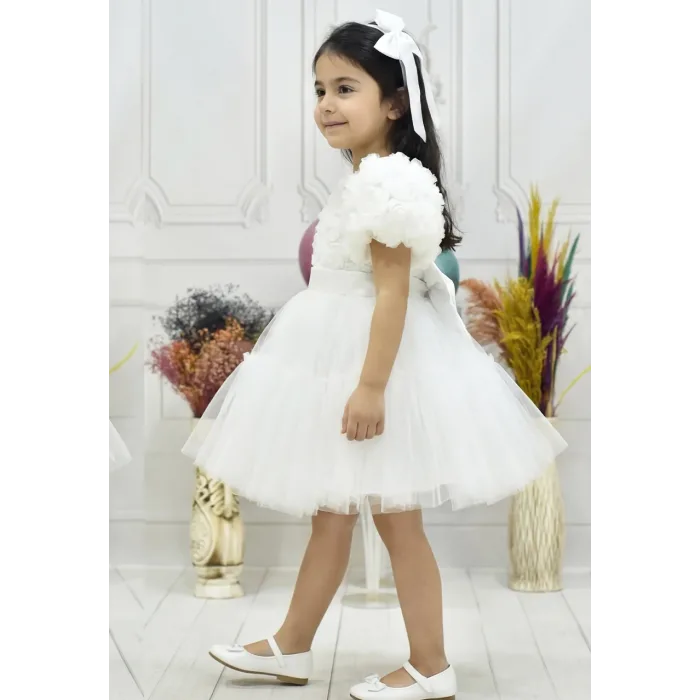 Kız Çocuk Beyaz Kabarık Gül Desenli Tül Etek şeffaf Kısa Balon Kol Elbise