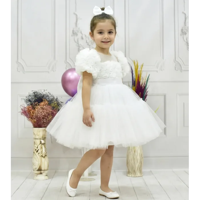 Kız Çocuk Beyaz Kabarık Gül Desenli Tül Etek şeffaf Kısa Balon Kol Elbise