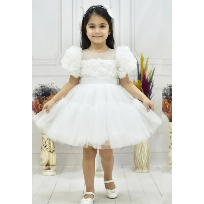 Kız Çocuk Beyaz Kabarık Gül Desenli Tül Etek şeffaf Kısa Balon Kol Elbise