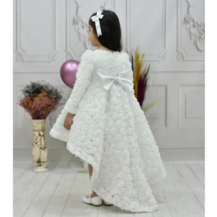 Kız Çocuk Beyaz Gül Desenli Kuyruklu Uzun Kol Elbise Abiye