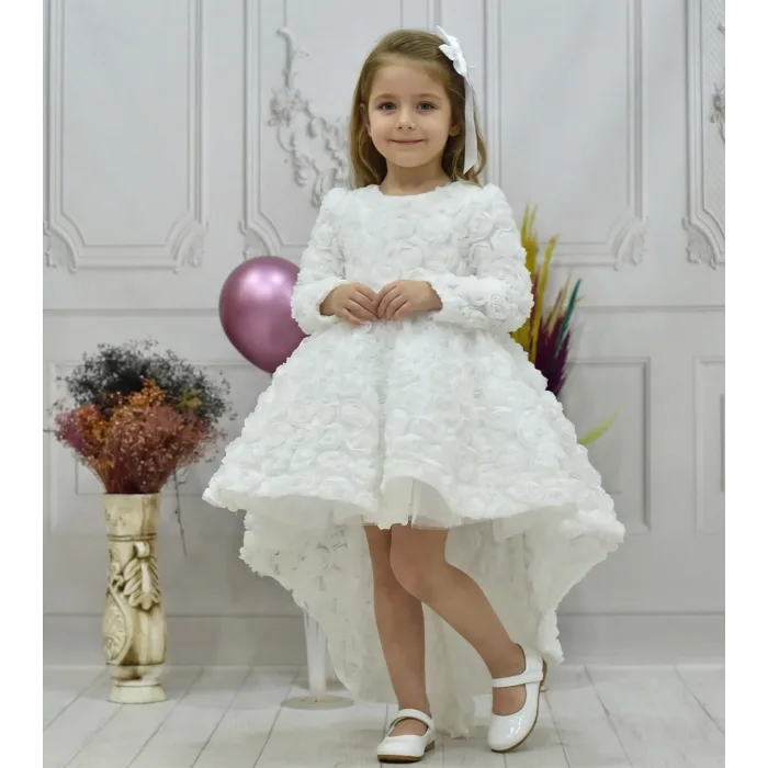 Kız Çocuk Beyaz Gül Desenli Kuyruklu Uzun Kol Elbise Abiye