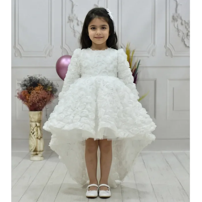 Kız Çocuk Beyaz Gül Desenli Kuyruklu Uzun Kol Elbise Abiye
