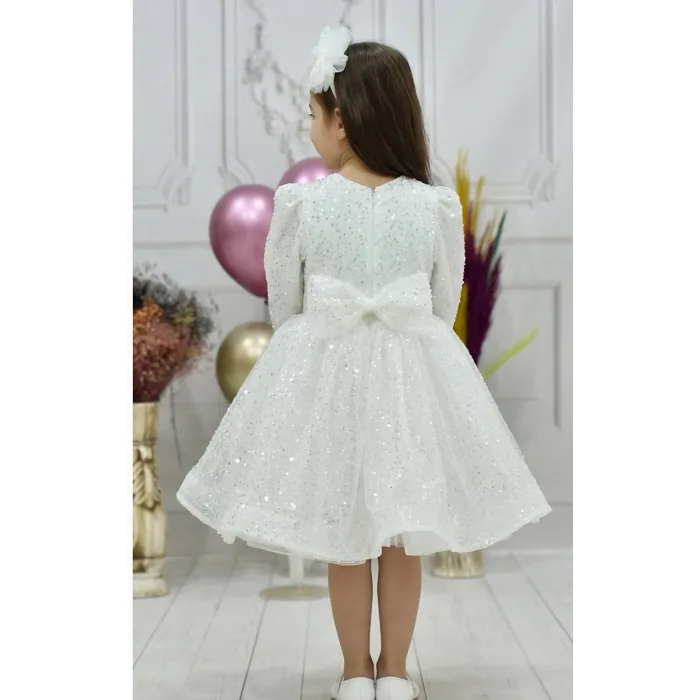 Kız Çocuk Beyaz Boncuklu Payetli Kabarık Elbise Uzun Kol