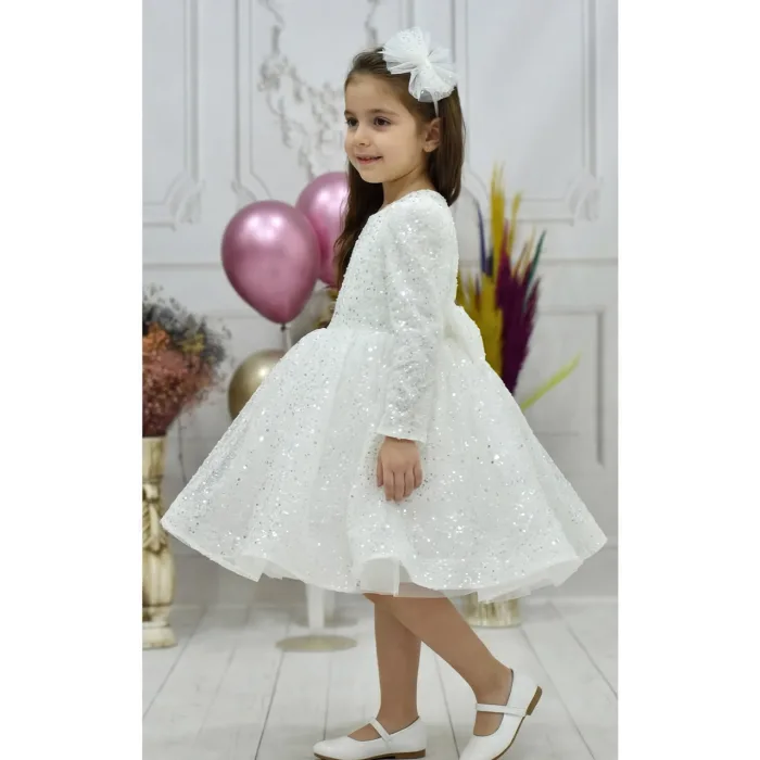Kız Çocuk Beyaz Boncuklu Payetli Kabarık Elbise Uzun Kol