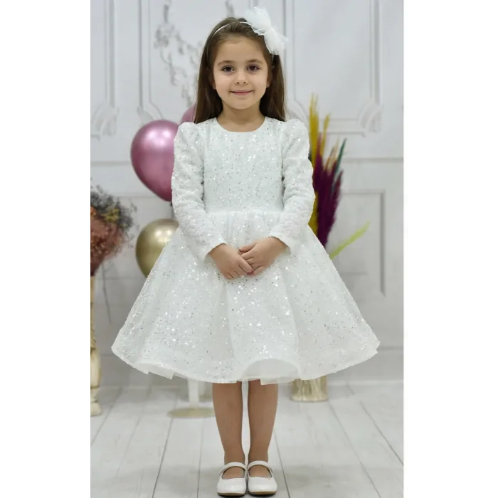 Kız Çocuk Beyaz Boncuklu Payetli Kabarık Elbise Uzun Kol