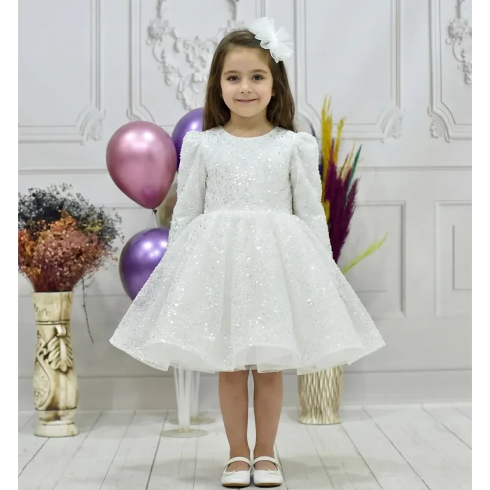 Kız Çocuk Beyaz Boncuklu Payetli Kabarık Elbise Uzun Kol