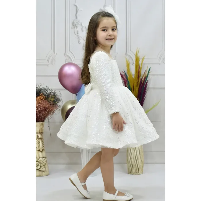 Kız Çocuk Beyaz Payetli Kare Yaka Uzun Kol Elbise