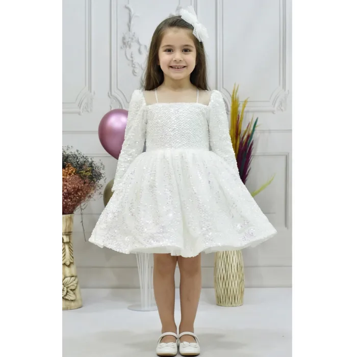 Kız Çocuk Beyaz Payetli Kare Yaka Uzun Kol Elbise