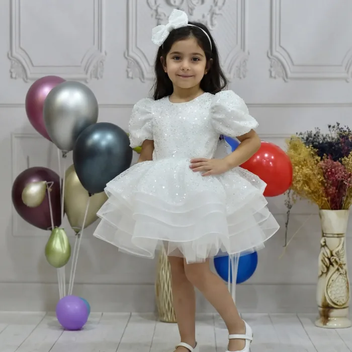 Kız Çocuk Beyaz Boncuklu Payetli Kısa Balon Kol Taşlı Boncuklu Elbise