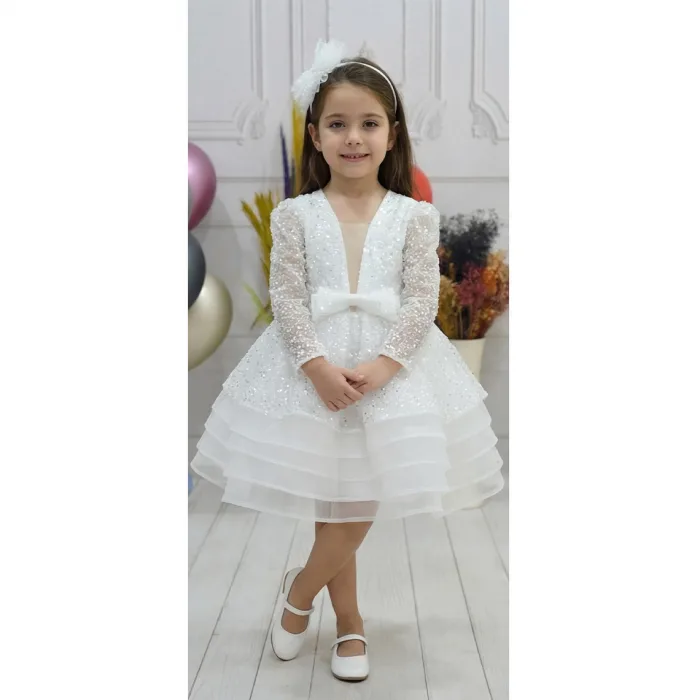Kız Çocuk Dekolteli Beyaz Taşlı Boncuklu Elbise Gren Etekli Kabarık Elbise