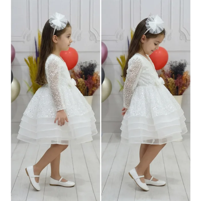 Kız Çocuk Dekolteli Beyaz Taşlı Boncuklu Elbise Gren Etekli Kabarık Elbise