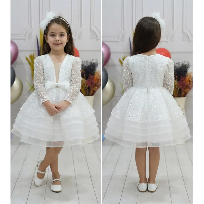 Kız Çocuk Dekolteli Beyaz Taşlı Boncuklu Elbise Gren Etekli Kabarık Elbise