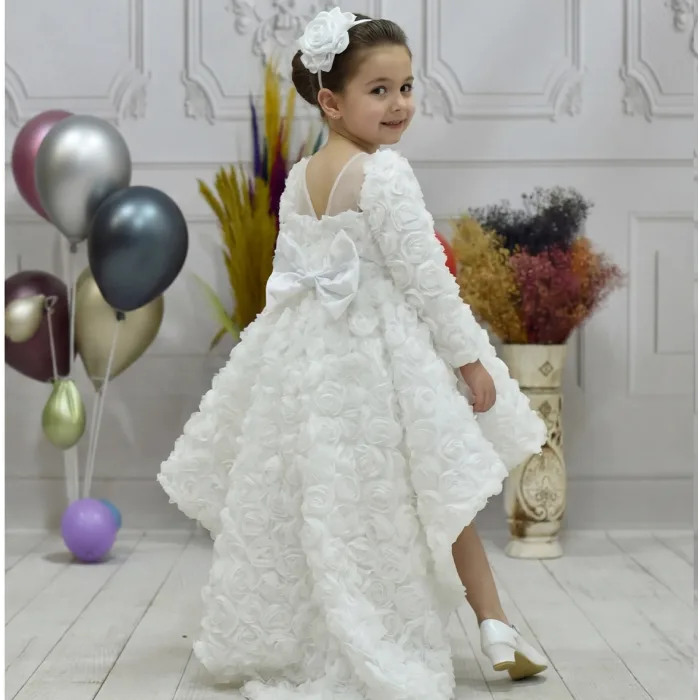 Kız Çocuk Beyaz Gül Desenli Kuyruklu Elbise Abiye