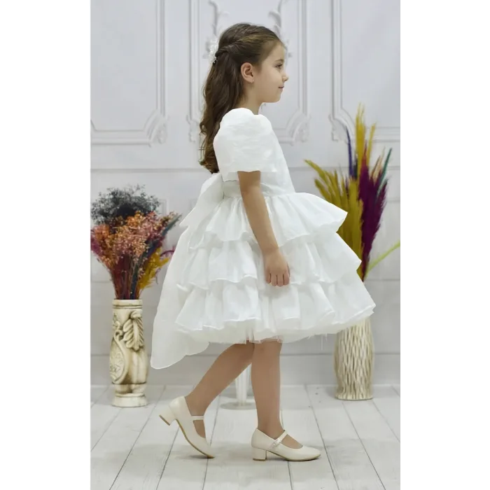 Kız Çocuk Beyaz Kat Kat Etekli Kabarık Elbise