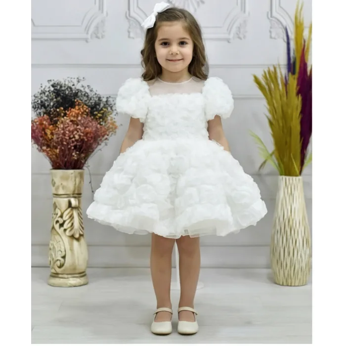 Kız Çocuk Beyaz Gül Desenli Şeffaf Kısa Balon Kol Kabarık Elbise