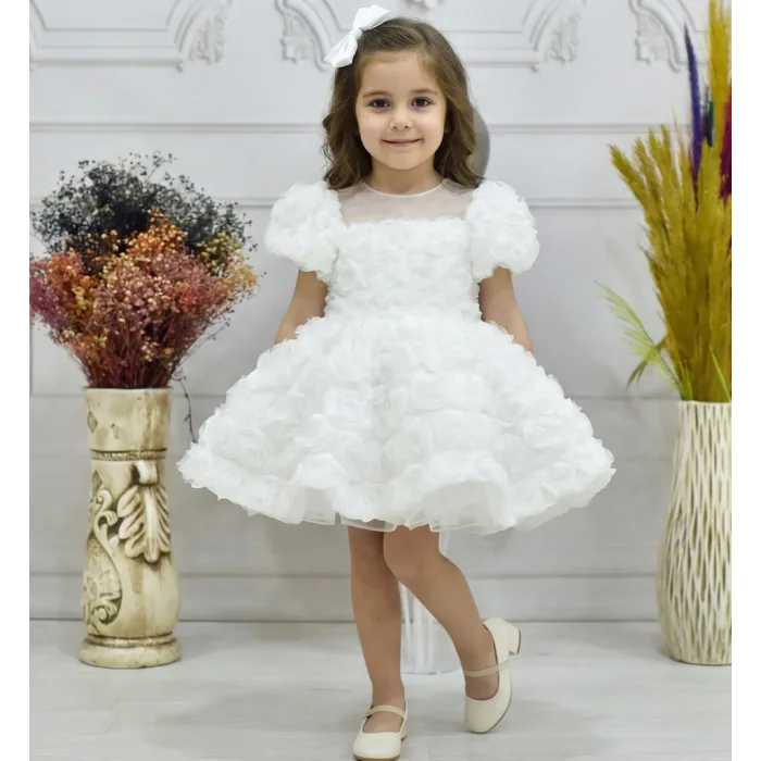 Kız Çocuk Beyaz Gül Desenli Şeffaf Kısa Balon Kol Kabarık Elbise