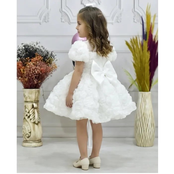 Kız Çocuk Beyaz Gül Desenli Şeffaf Kısa Balon Kol Kabarık Elbise