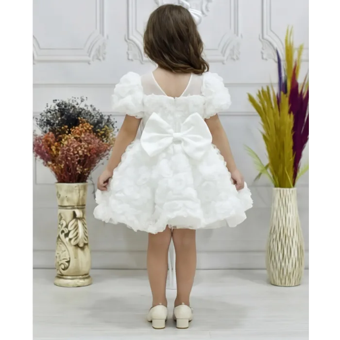 Kız Çocuk Beyaz Gül Desenli Şeffaf Kısa Balon Kol Kabarık Elbise