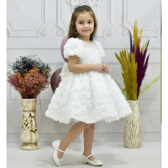 Kız Çocuk Beyaz Gül Desenli Şeffaf Kısa Balon Kol Kabarık Elbise