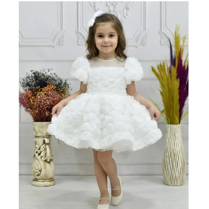 Kız Çocuk Beyaz Gül Desenli Şeffaf Kısa Balon Kol Kabarık Elbise