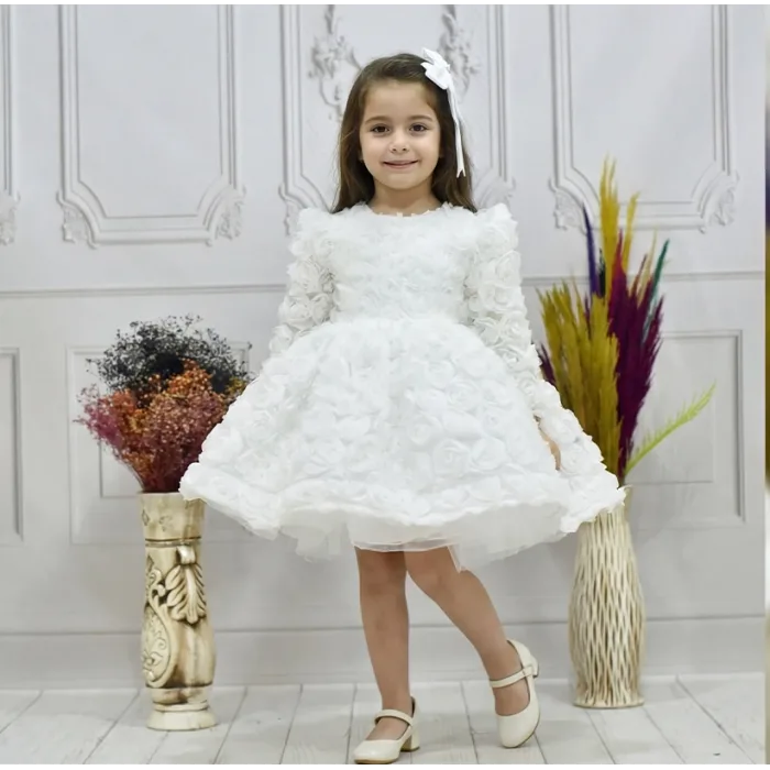 Kız Çocuk Beyaz Gül Desenli Kabarık Elbise