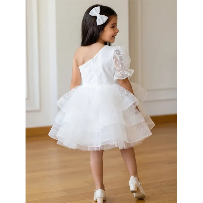 Kız Çocuk flok Beyaz Tek Omuz Puantiyeli Gren Etekli Kabarık Elbise