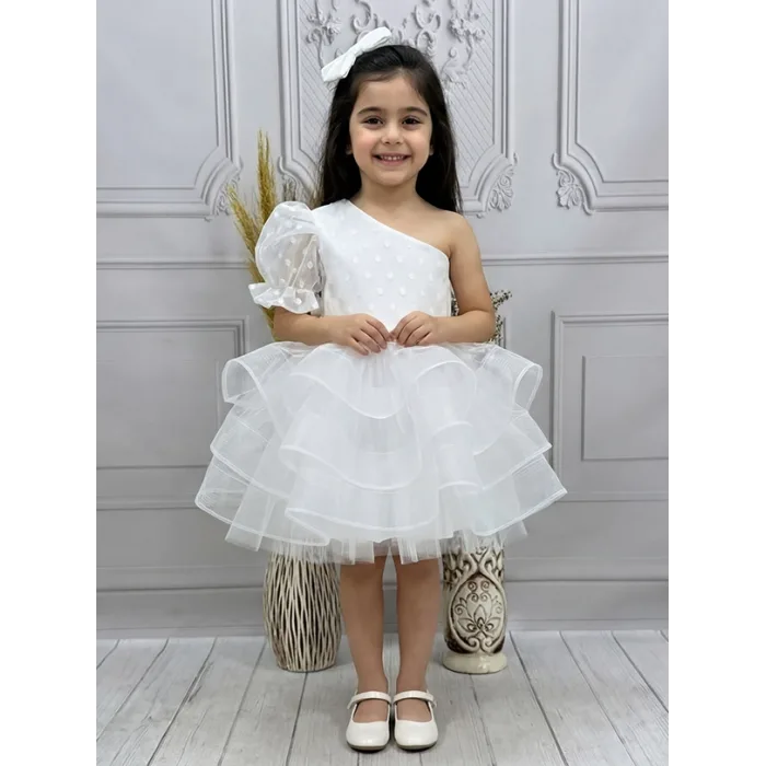Kız Çocuk flok Beyaz Tek Omuz Puantiyeli Gren Etekli Kabarık Elbise