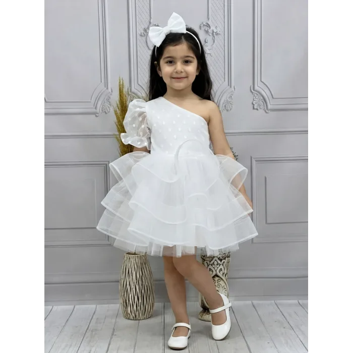 Kız Çocuk flok Beyaz Tek Omuz Puantiyeli Gren Etekli Kabarık Elbise