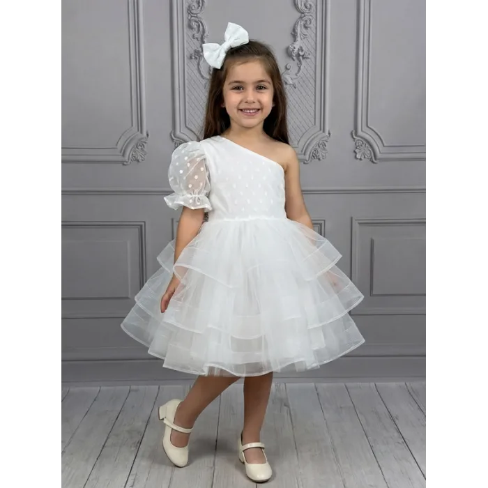 Kız Çocuk flok Beyaz Tek Omuz Puantiyeli Gren Etekli Kabarık Elbise