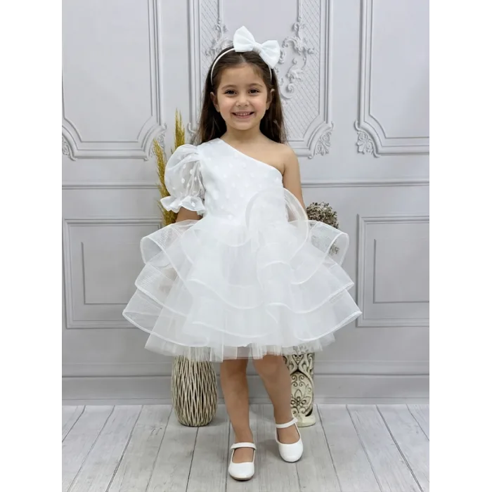 Kız Çocuk flok Beyaz Tek Omuz Puantiyeli Gren Etekli Kabarık Elbise