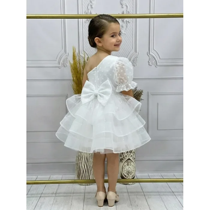 Kız Çocuk flok Beyaz Tek Omuz Puantiyeli Gren Etekli Kabarık Elbise
