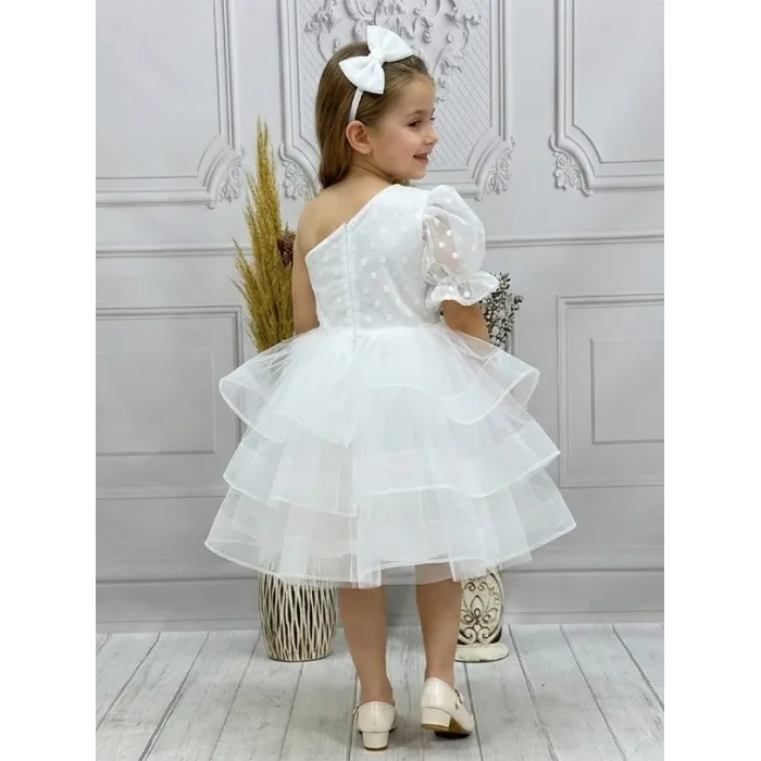 Kız Çocuk flok Beyaz Tek Omuz Puantiyeli Gren Etekli Kabarık Elbise
