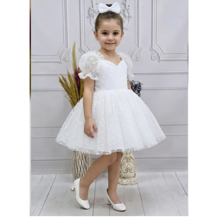 Kız Çocuk Beyaz Puantiyeli Kalp Detaylı Yaka ve Balon Kol Elbise
