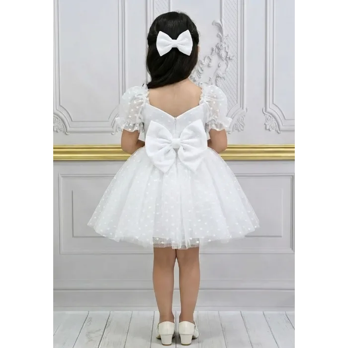 Kız Çocuk Beyaz Puantiyeli Kalp Detaylı Yaka ve Balon Kol Elbise