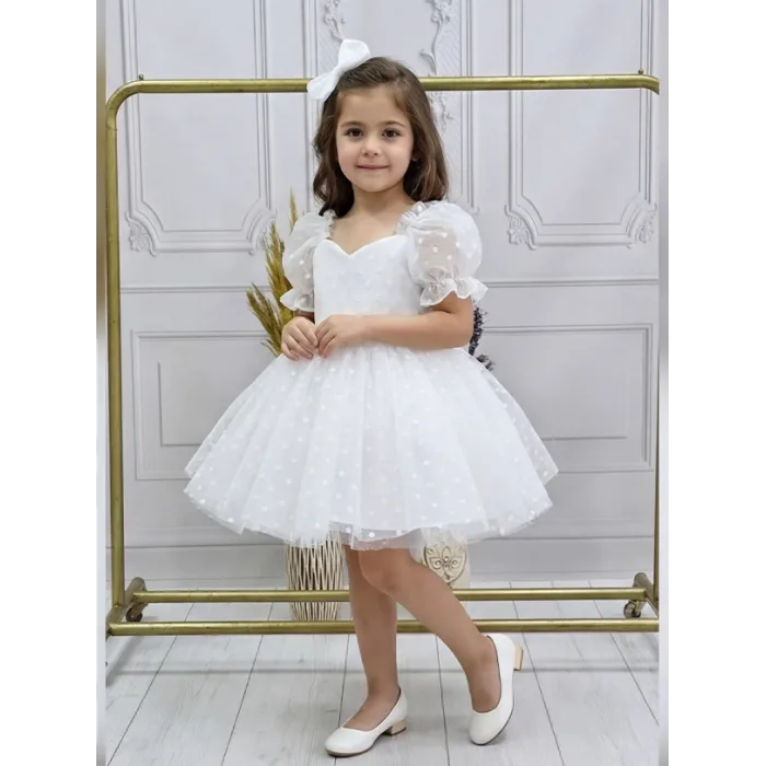 Kız Çocuk Beyaz Puantiyeli Kalp Detaylı Yaka ve Balon Kol Elbise