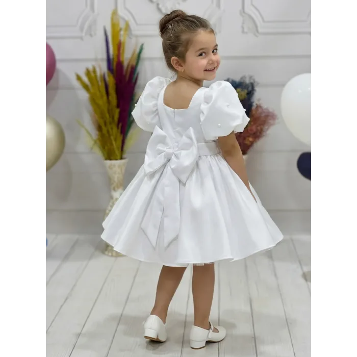 Kız Çocuk Beyaz Kare Yaka Balon Kol Uzun Fiyonklu İnci İşlemeli Elbise