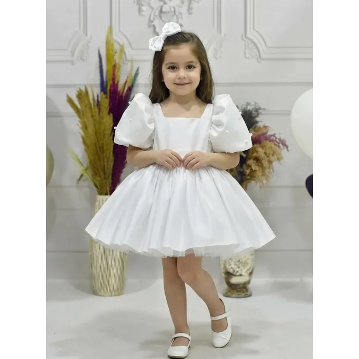 Kız Çocuk Beyaz Kare Yaka Balon Kol Uzun Fiyonklu İnci İşlemeli Elbise