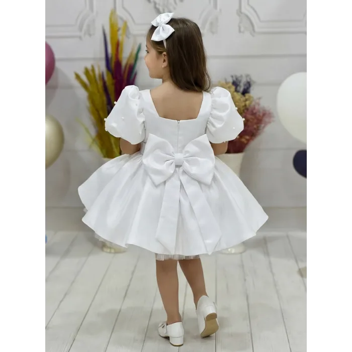 Kız Çocuk Beyaz Kare Yaka Balon Kol Uzun Fiyonklu İnci İşlemeli Elbise