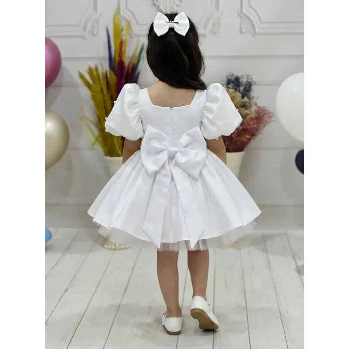 Kız Çocuk Beyaz Kare Yaka Balon Kol Uzun Fiyonklu İnci İşlemeli Elbise