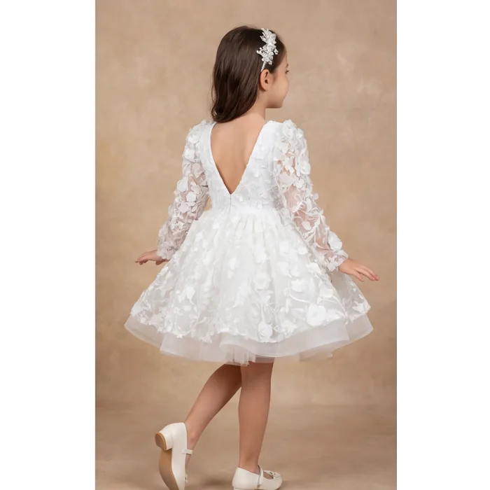 Kız Çocuk Beyaz 3D Gül Çiçek İşleme Kabarık Prenses Kol Elbise