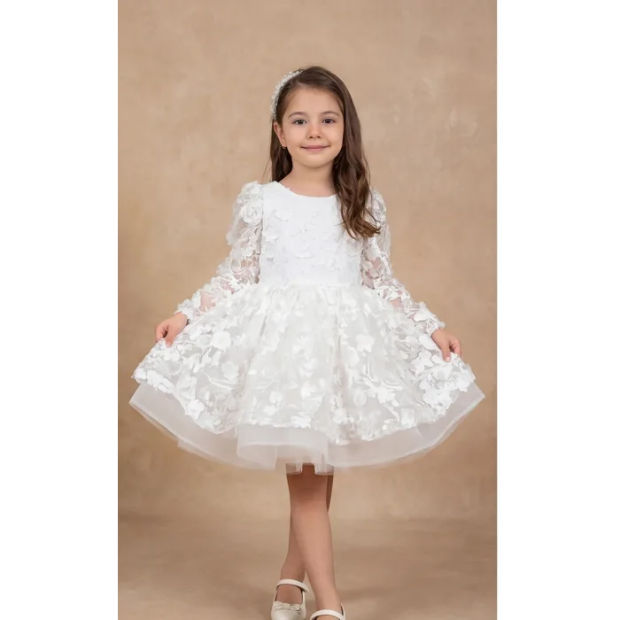 Kız Çocuk Beyaz 3D Gül Çiçek İşleme Kabarık Prenses Kol Elbise