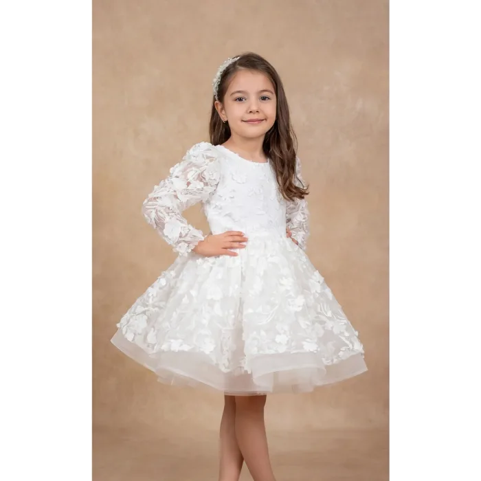 Kız Çocuk Beyaz 3D Gül Çiçek İşleme Kabarık Prenses Kol Elbise